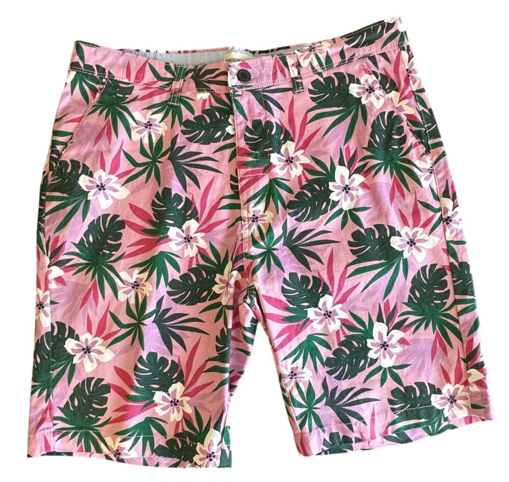 New Hudson & Barrow Men's Pink Tropical Hawaiian Floral Camo Denim Short Size 32